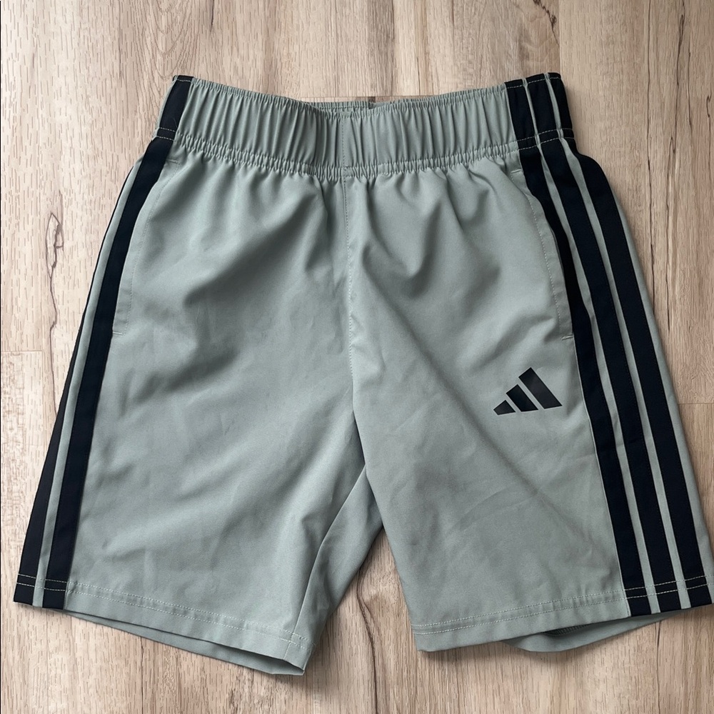Adidas Kids' Olive Green Shorts with Black Stripes